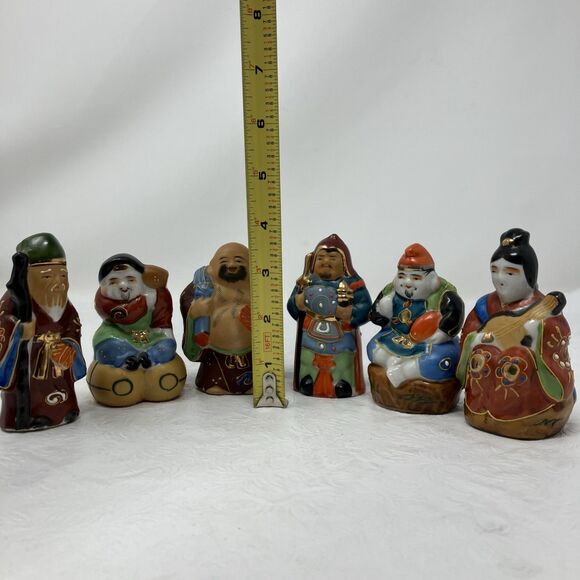 Vintage Japanese Kutani Moriage Lucky Gods Porcelain Figurines Set Lot Of 6 - Picture 2 of 16